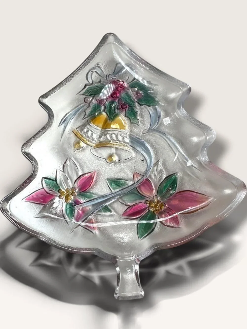Christmas Tree-Shaped Glass Serving Dish With Hand-Painted Bells & Poinsettias H